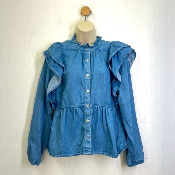 Zara - Ruffle Denim Light Blue Button Down Long Sleeve Top Size Medium - Picture 2 of 12